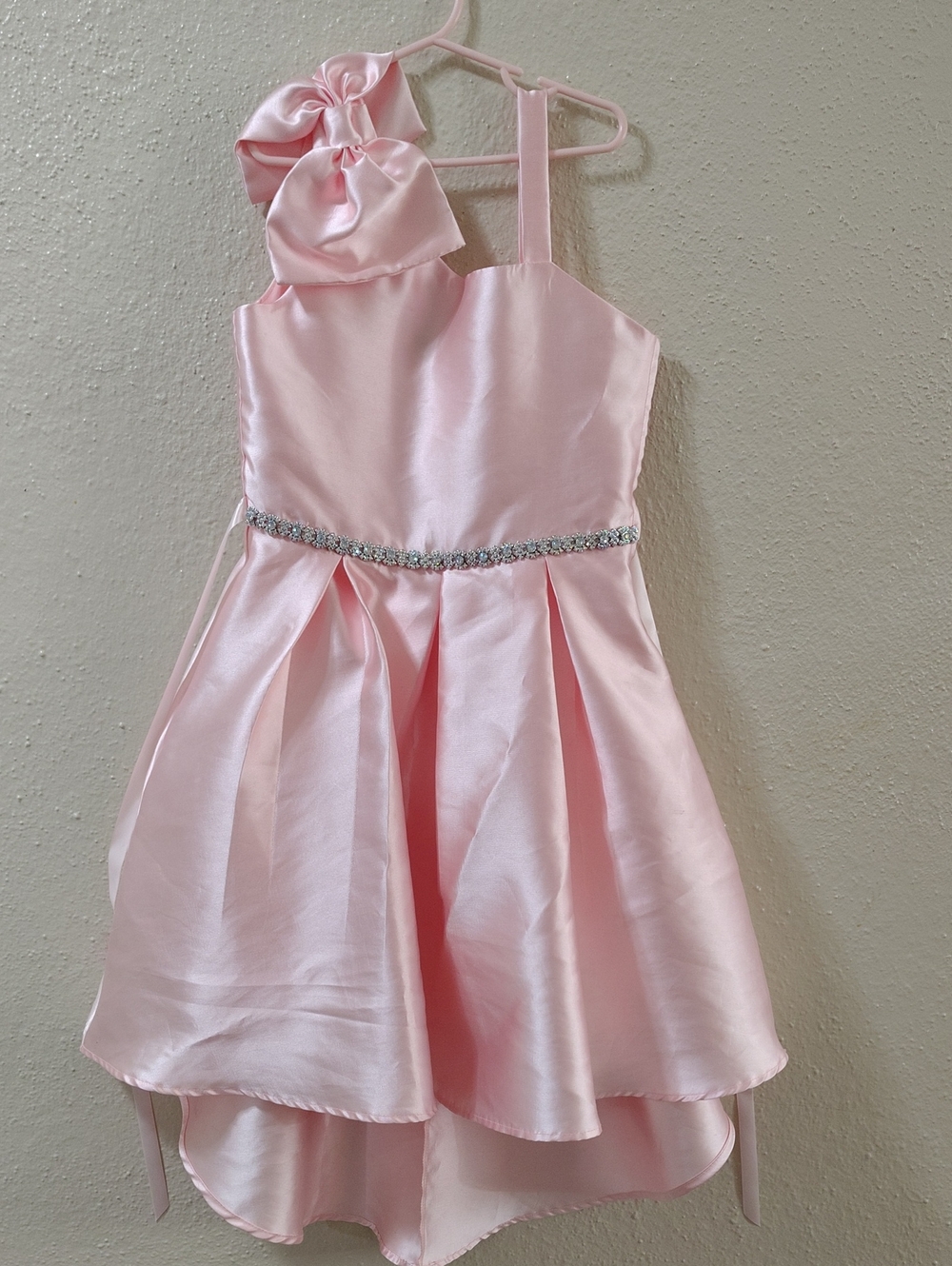 Rare Editions Light Pink Satin Formal Dress with Bow and Rhinestone Waist